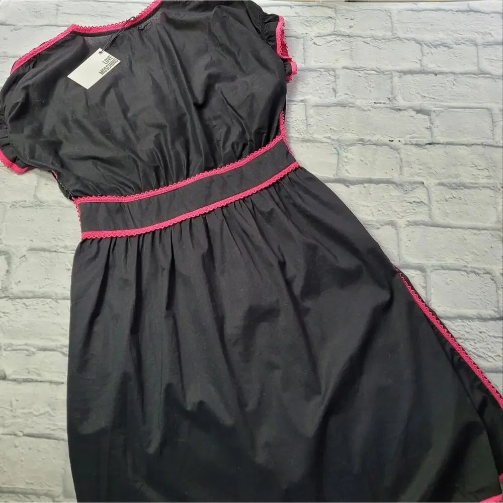 NWT Love Moschino Boho Embroidered Beaded Floral Black Dress Puff Sleeves size 6